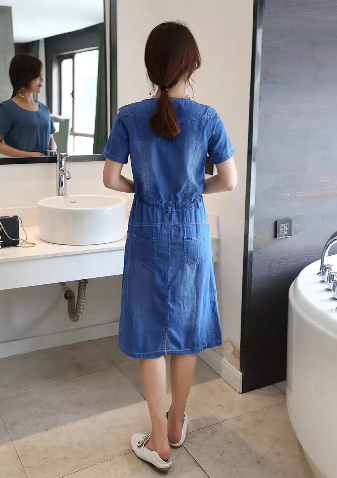 ĐẦM JEAN SUÔNG CỔ TRÒN EO RÚT DÂY- NJ2807